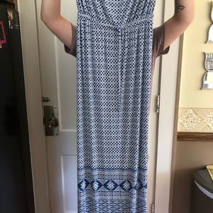 Blue and white strapless maxi dress
